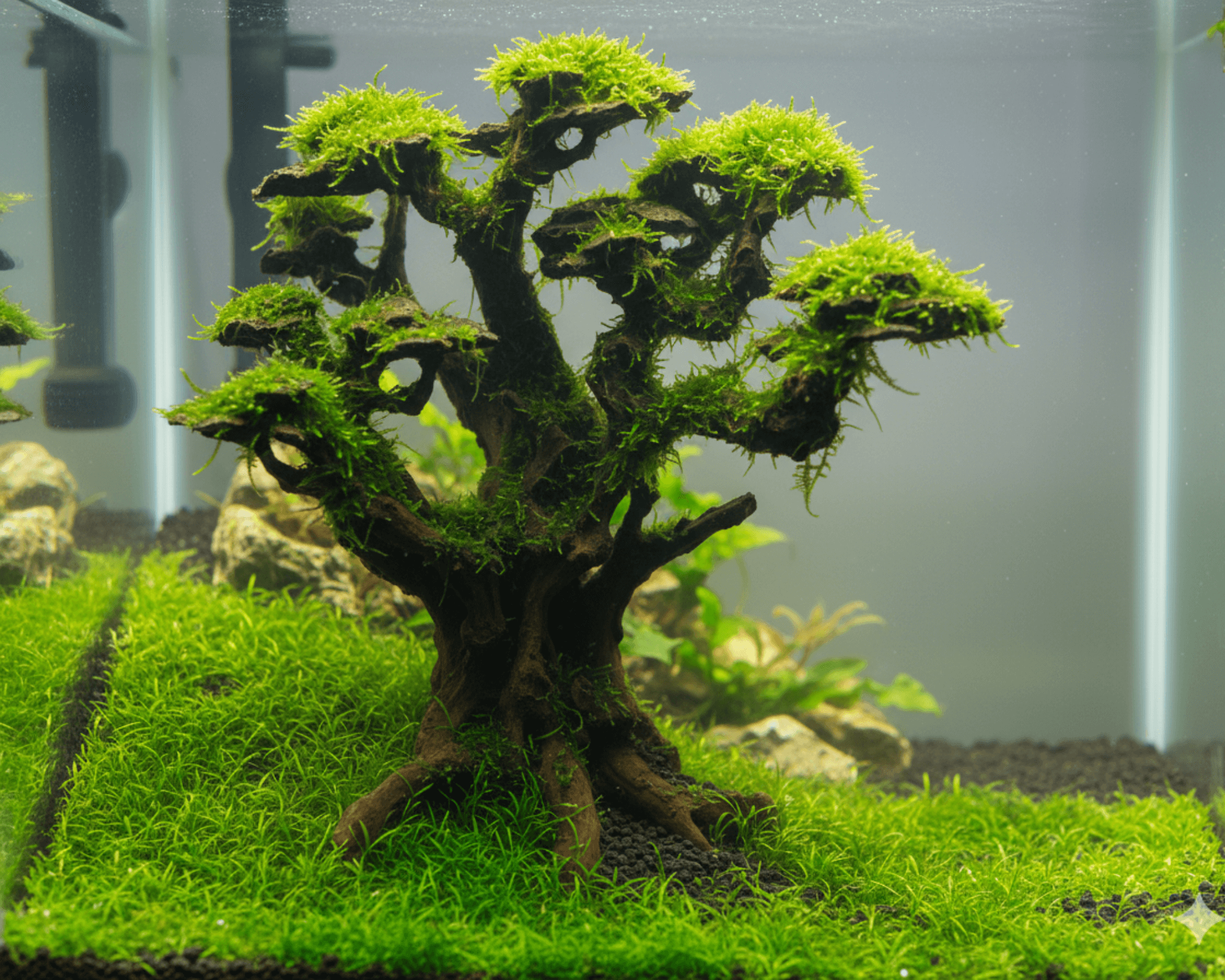 Dekorative Wurzel mit grünem Moos im Aquarium